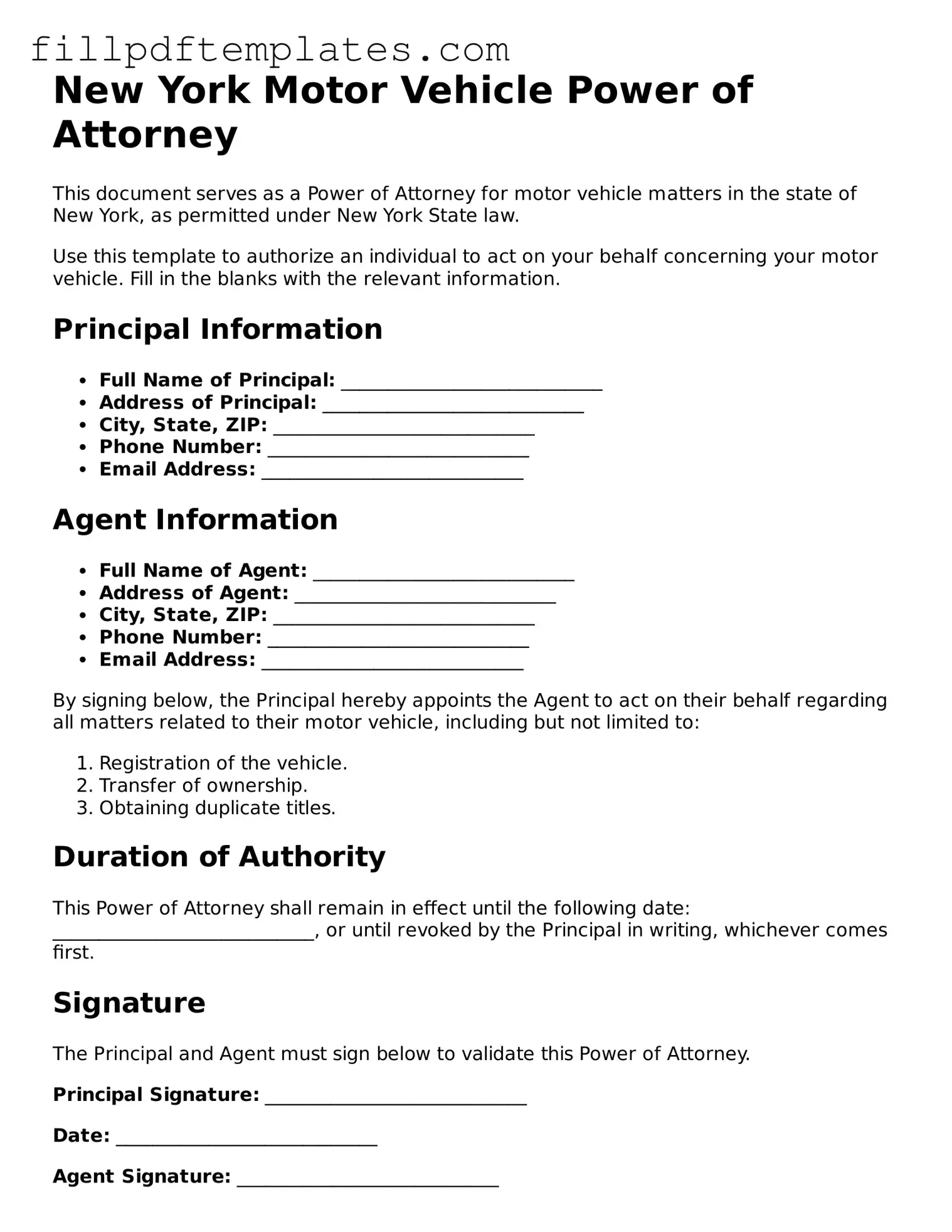Blank New York Motor Vehicle Power of Attorney Form