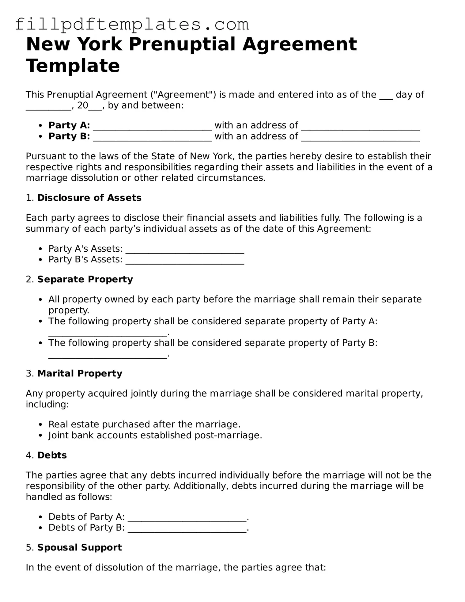 Blank New York Prenuptial Agreement Form