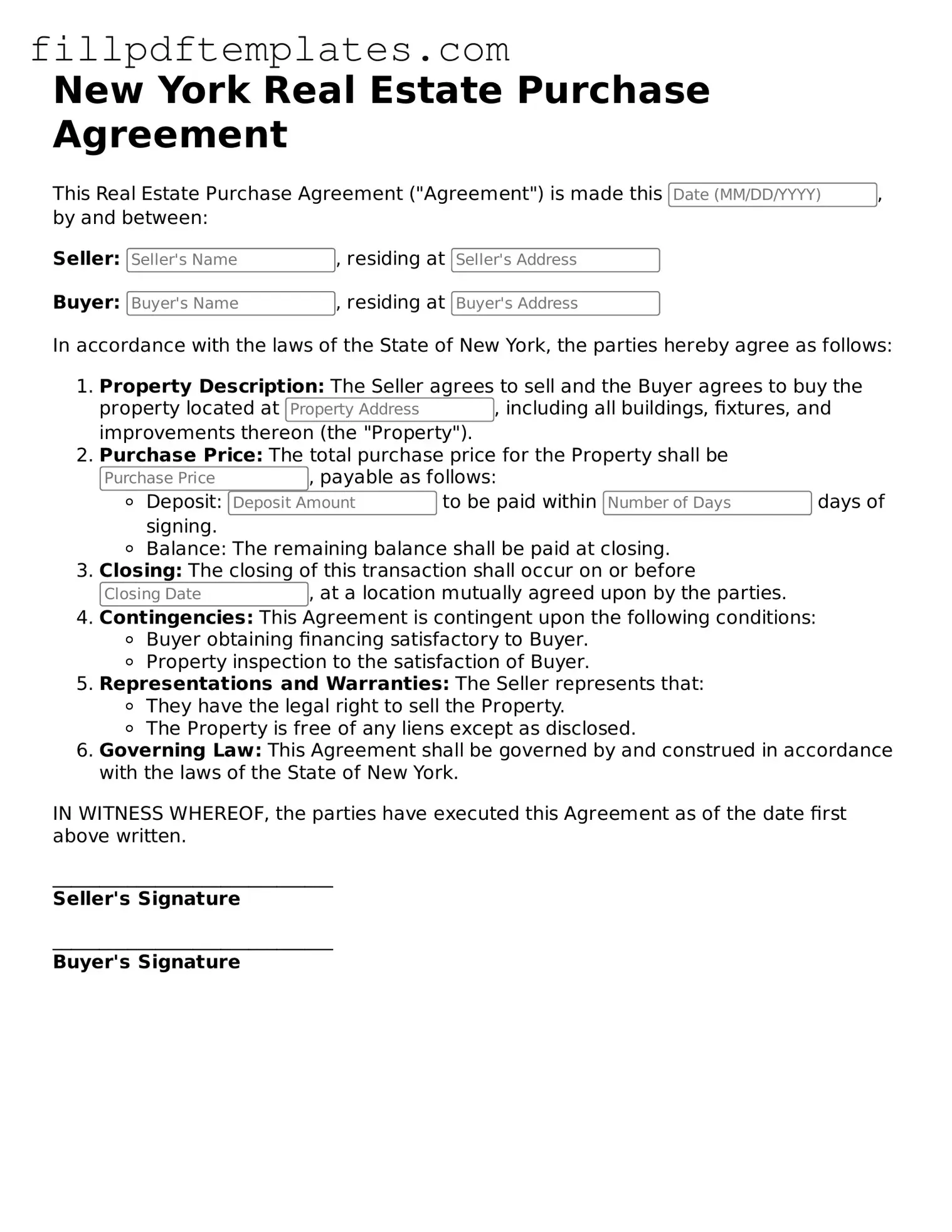 Blank New York Real Estate Purchase Agreement Form