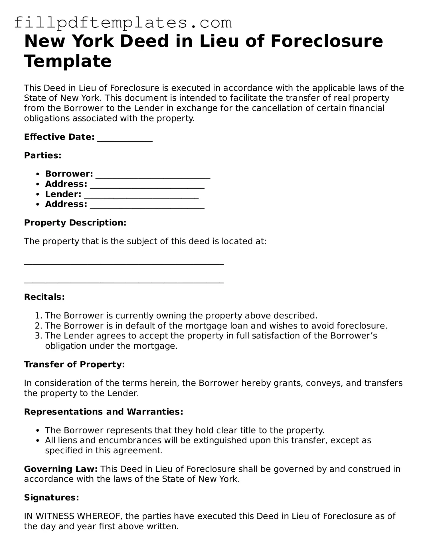 Blank New York Deed in Lieu of Foreclosure Form