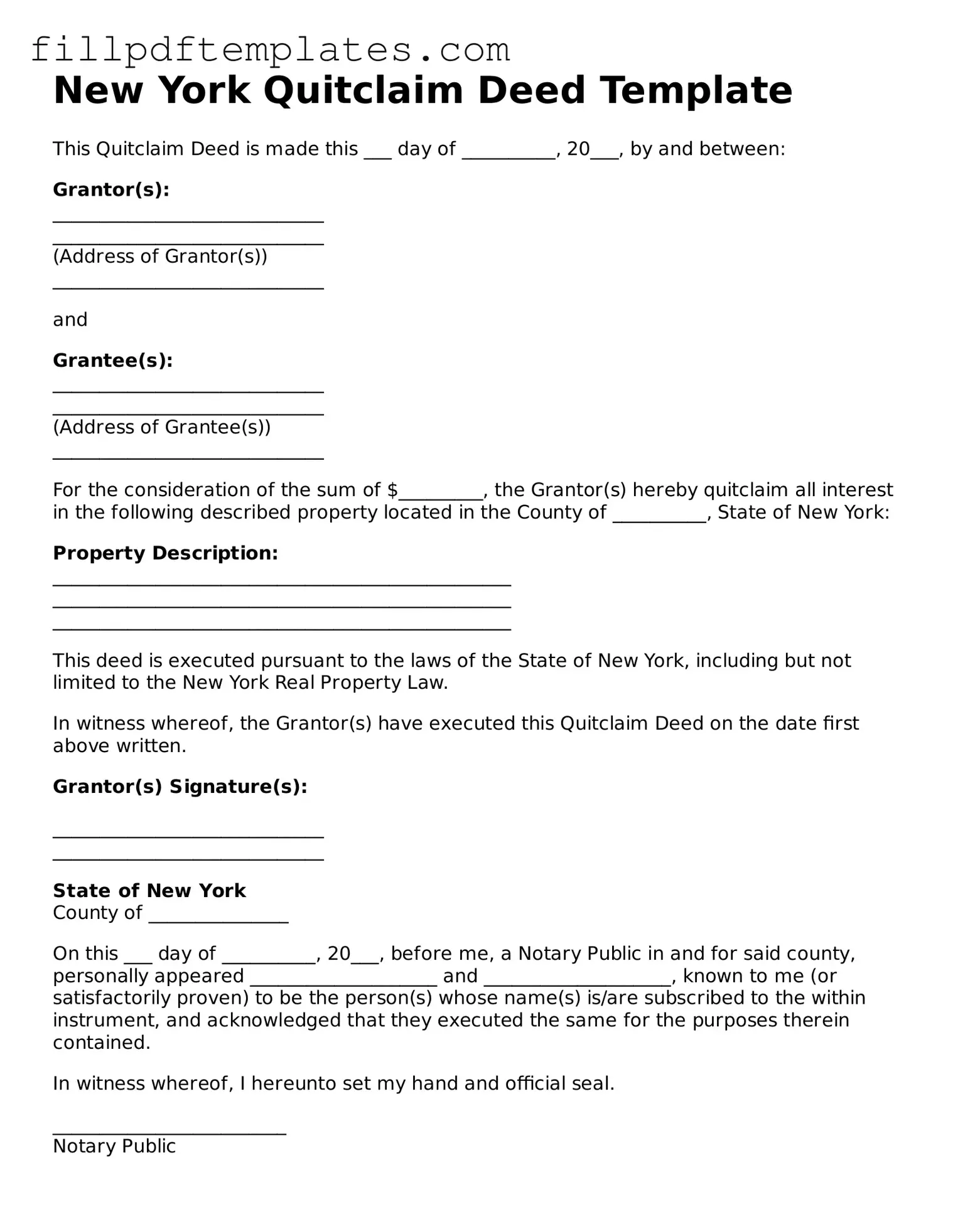 Blank New York Quitclaim Deed Form