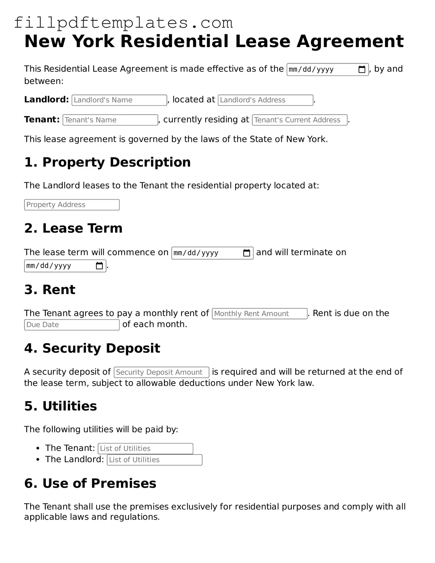 Blank New York Residential Lease Agreement Form
