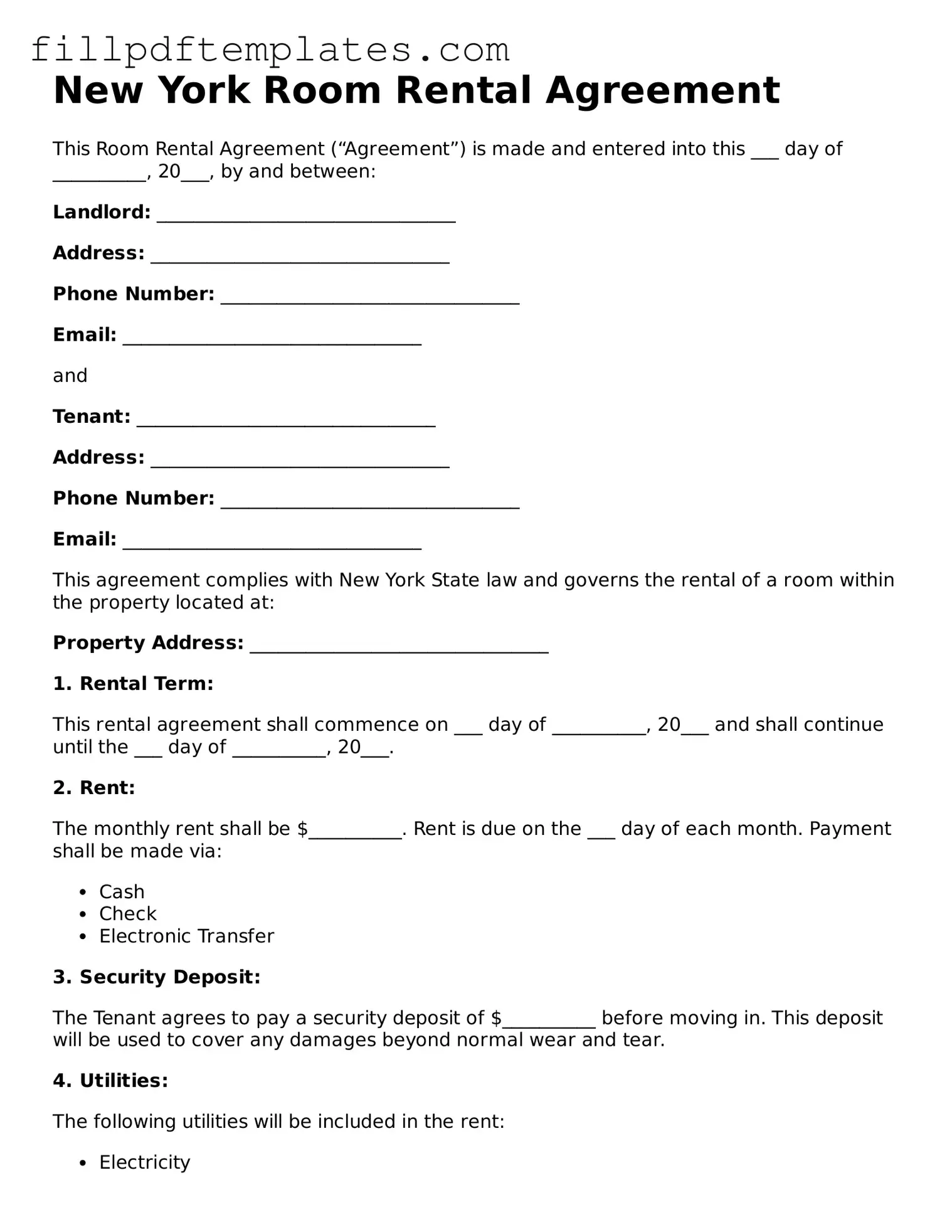 Blank New York Room Rental Agreement Form
