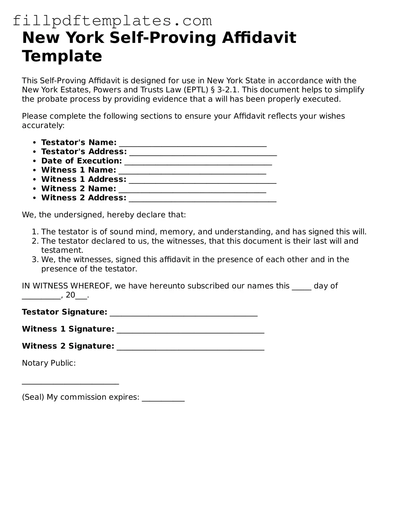 Blank New York Self-Proving Affidavit Form