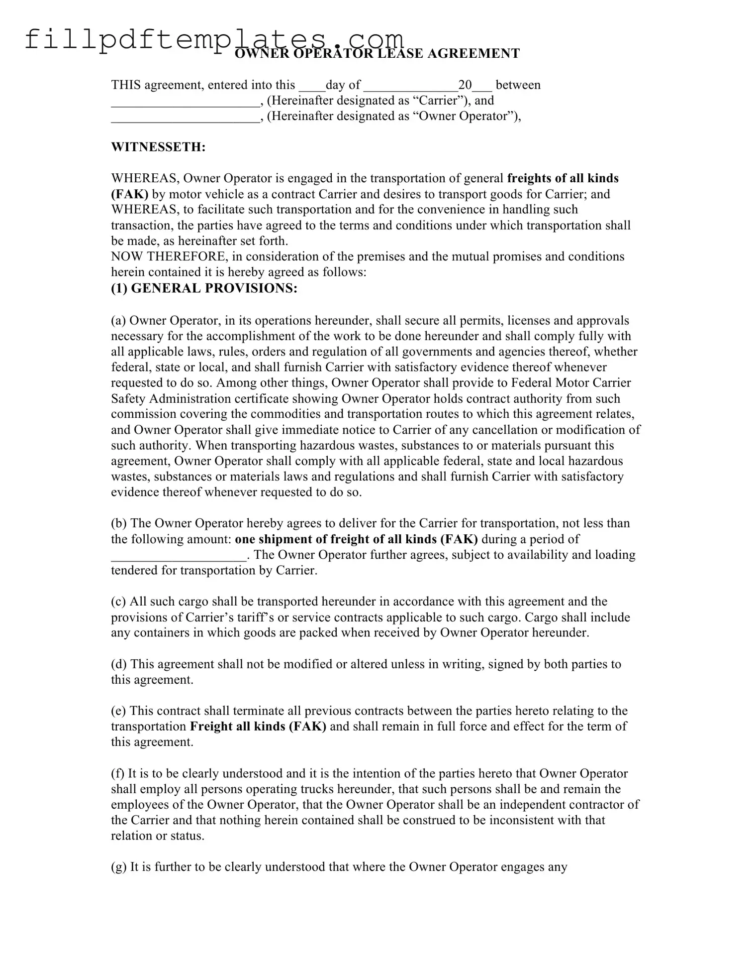 Fill a Valid Owner Operator Lease Agreement Template