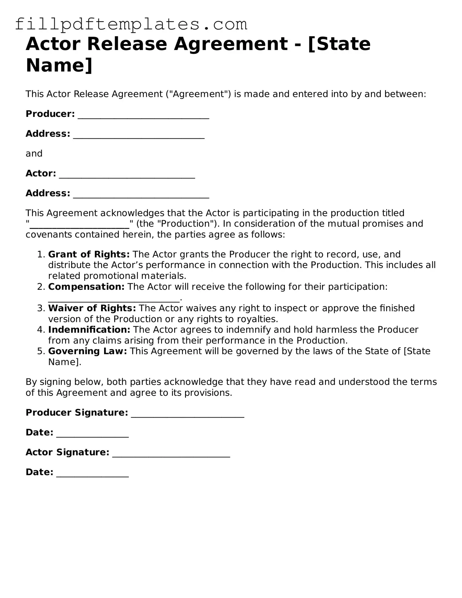Valid Actor Release Form