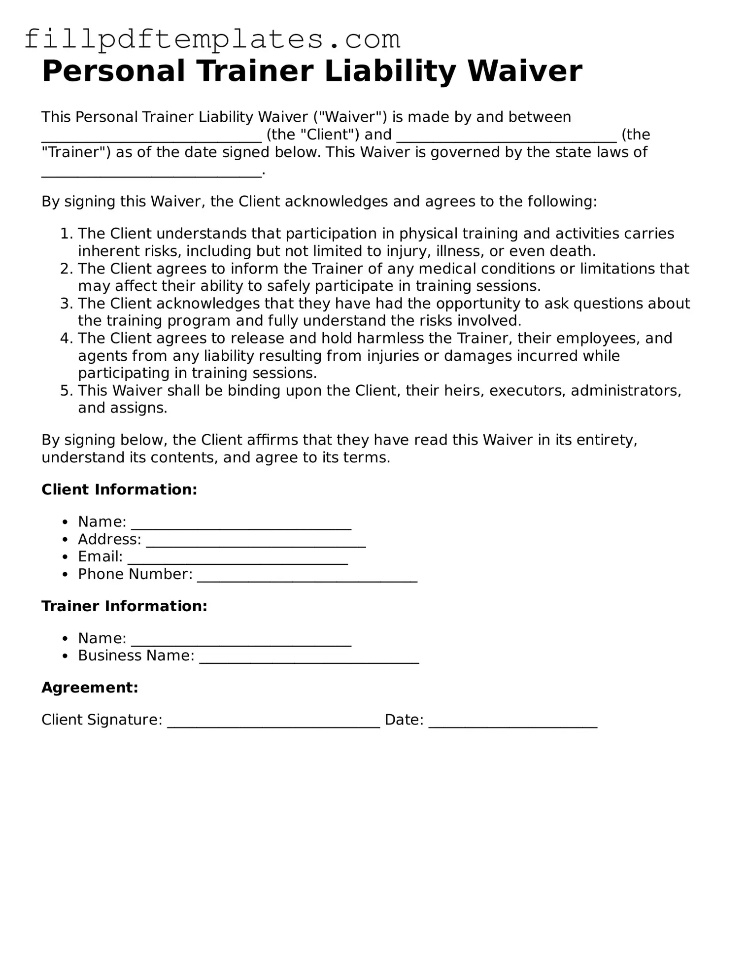 Valid Personal Trainer Liability Waiver Form