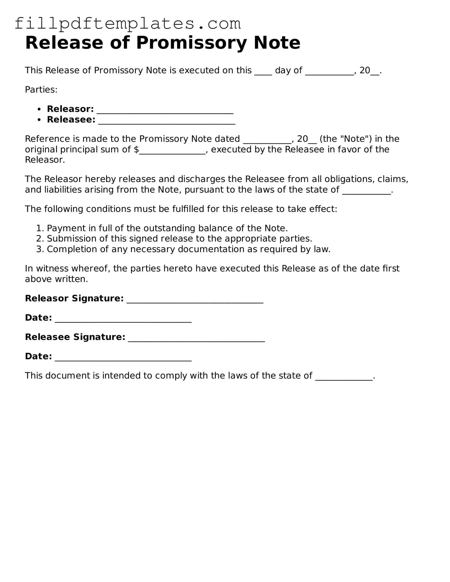 Valid Release of Promissory Note Form