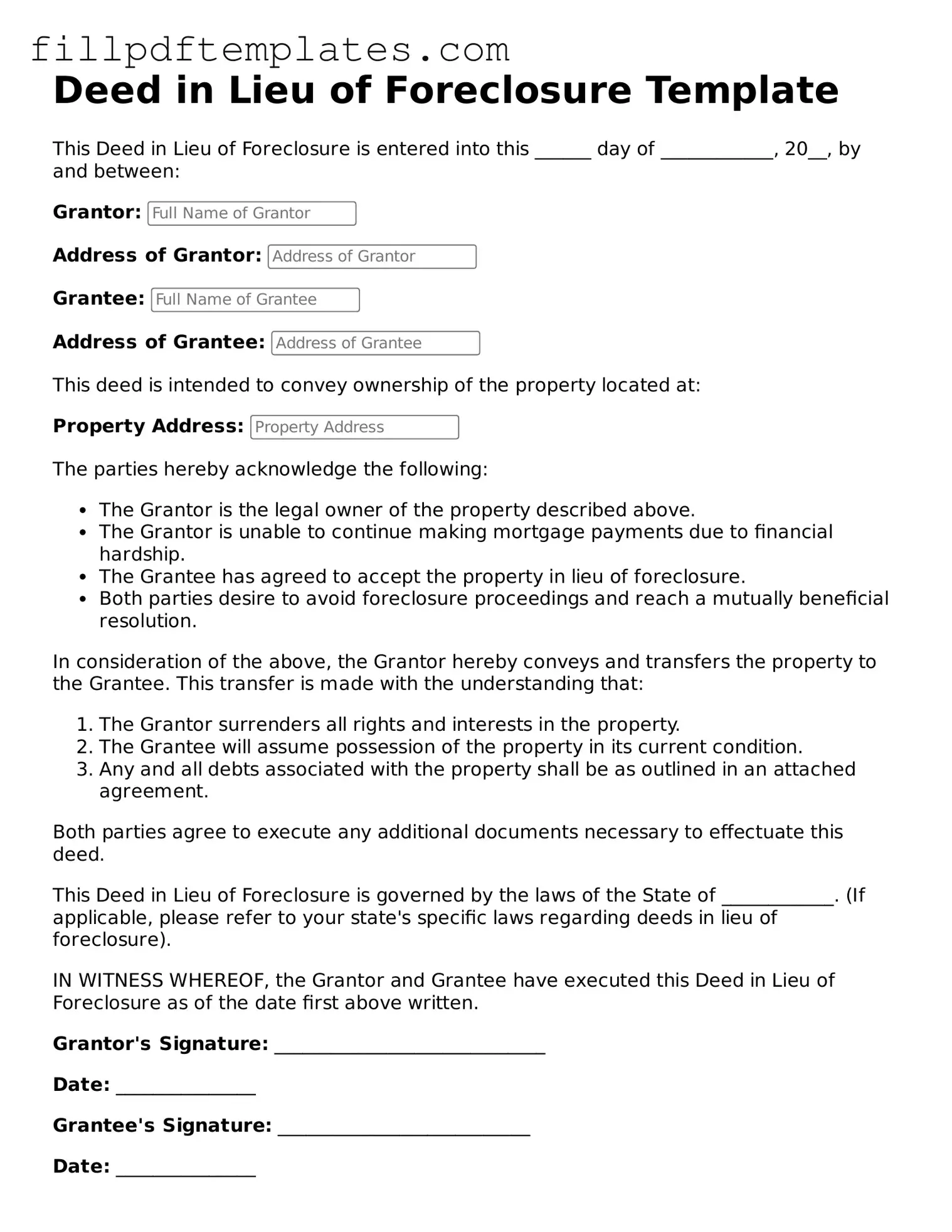 Valid Deed in Lieu of Foreclosure Form