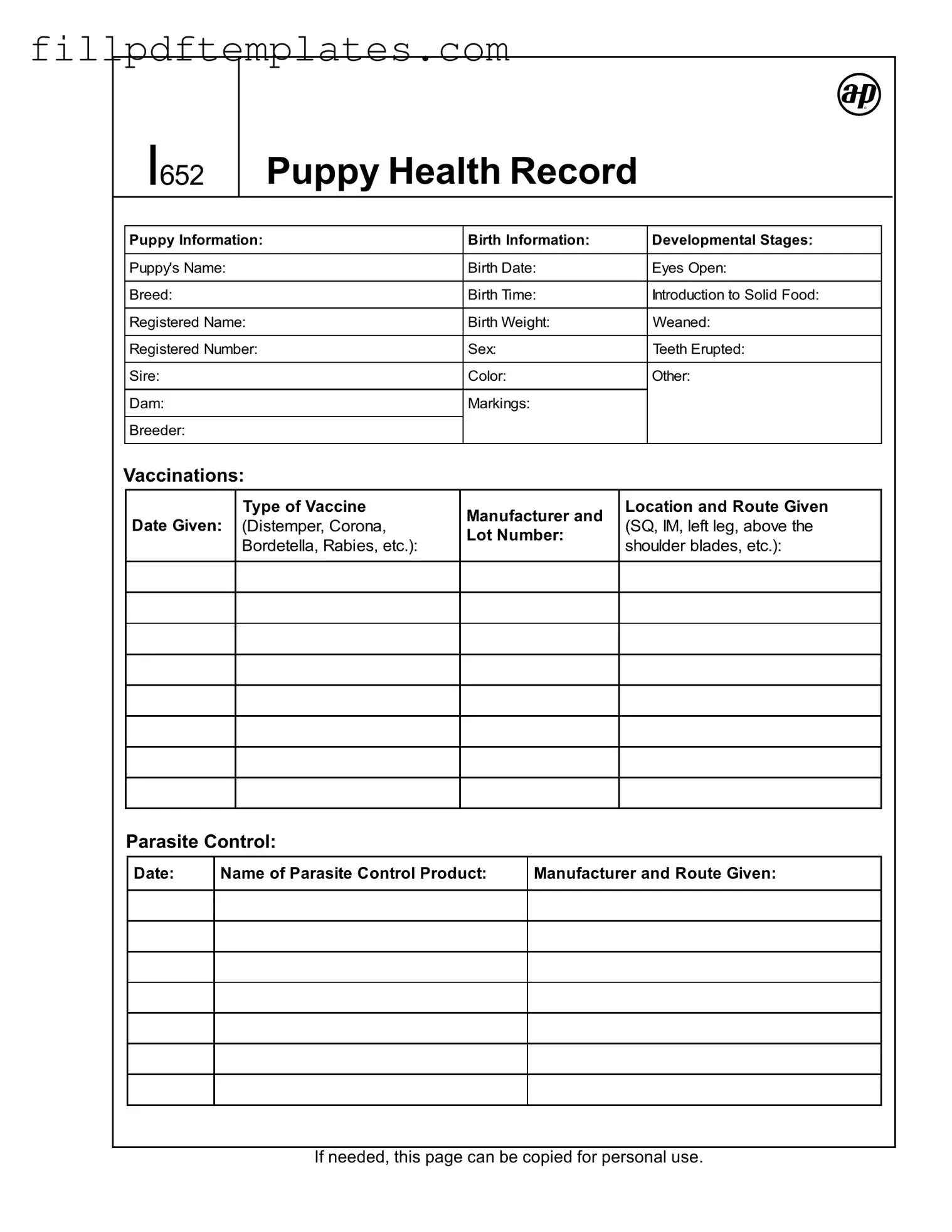 Fill a Valid Puppy Health Record Template