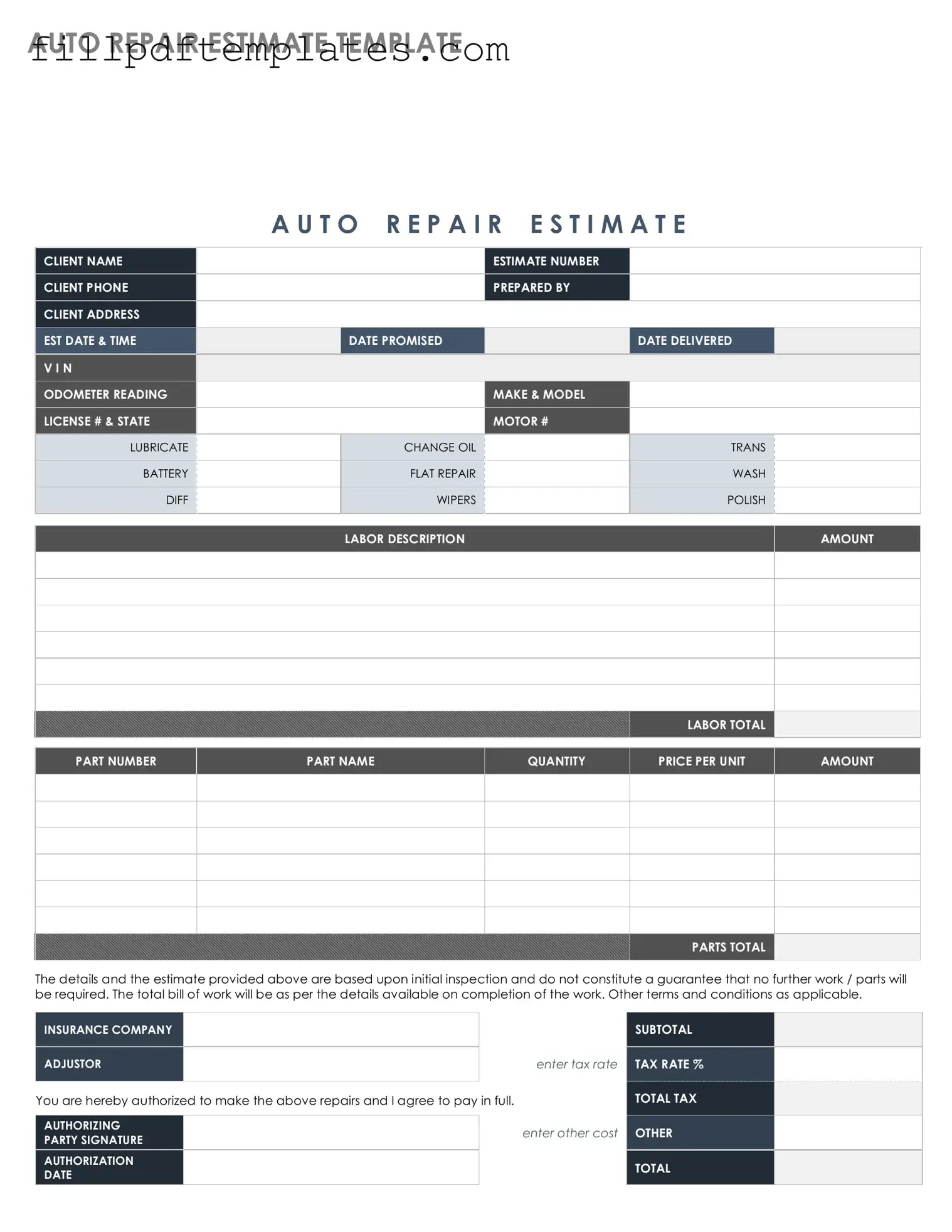 Fill a Valid Auto Repair Estimate Template