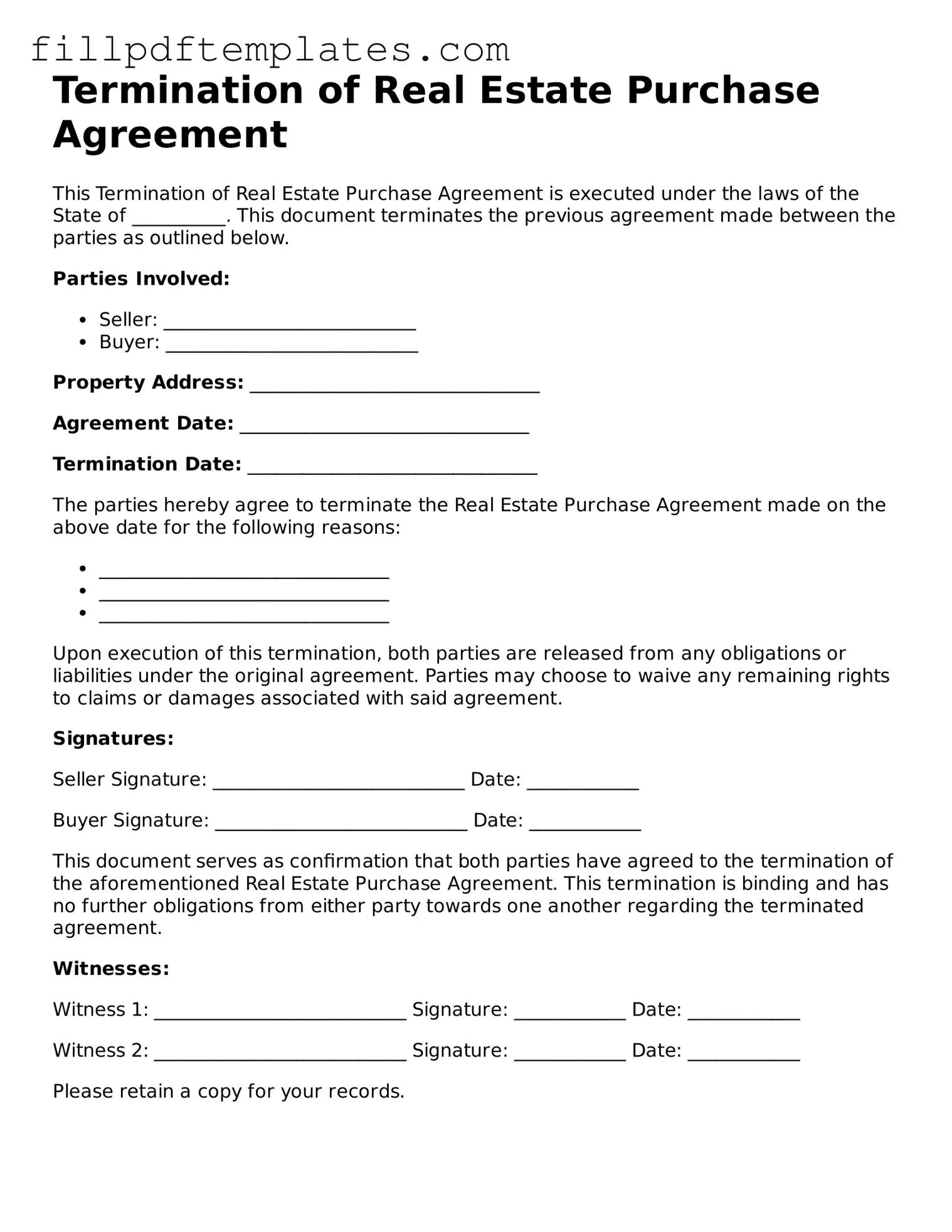 Valid Termination of Real Estate Purchase Agreement Form