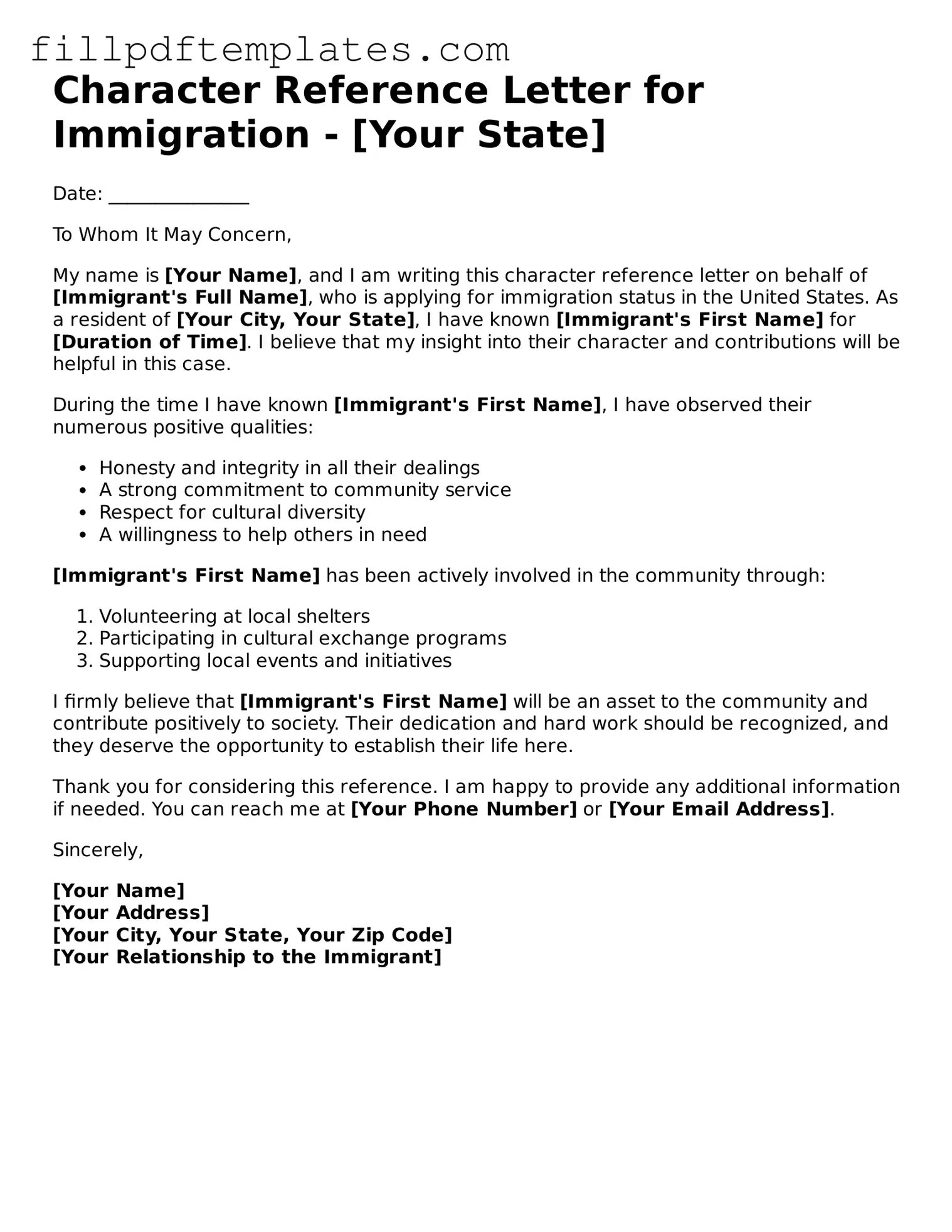 Valid Character Reference Letter for Immigration Form
