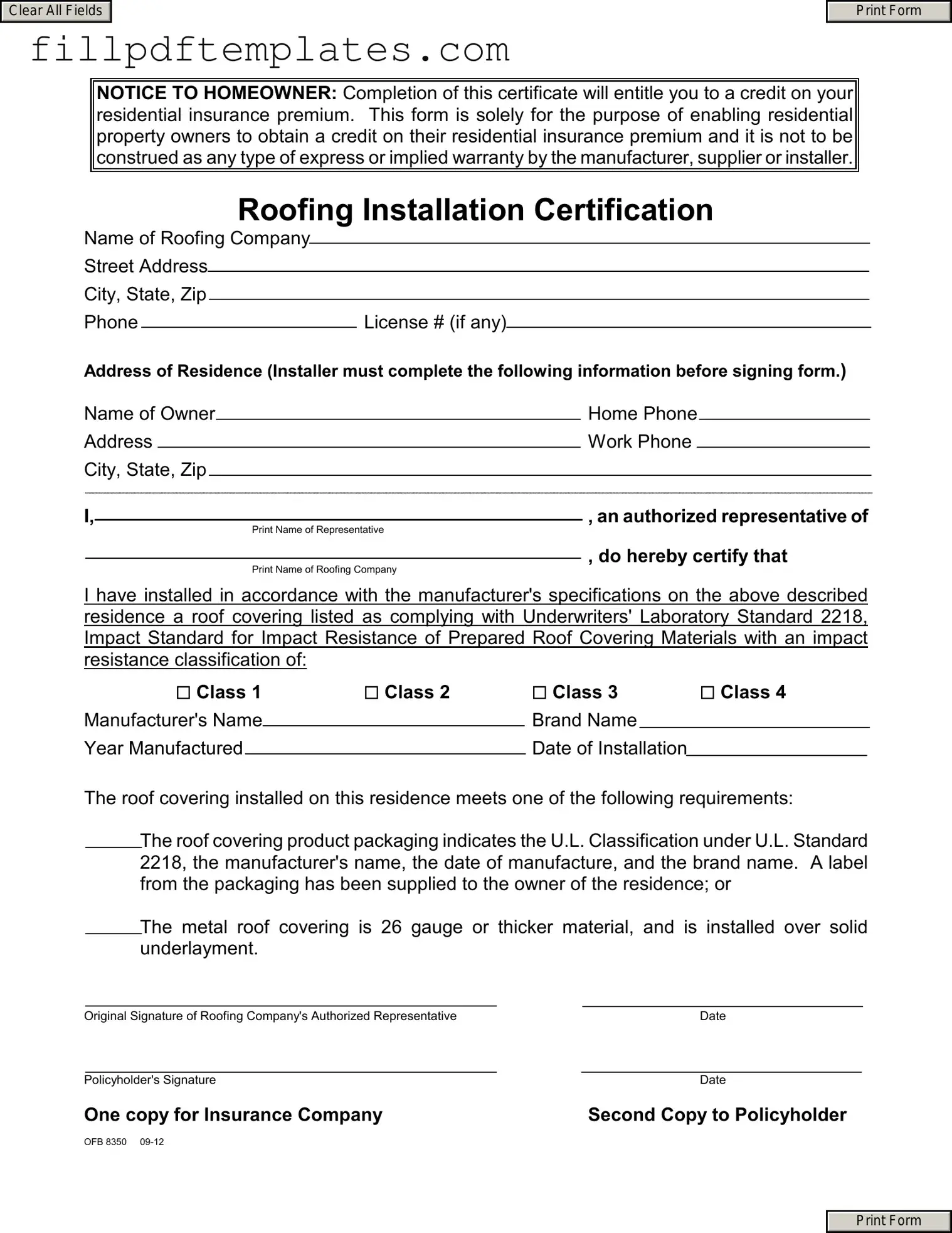 Fill a Valid Roofing Certificate Template
