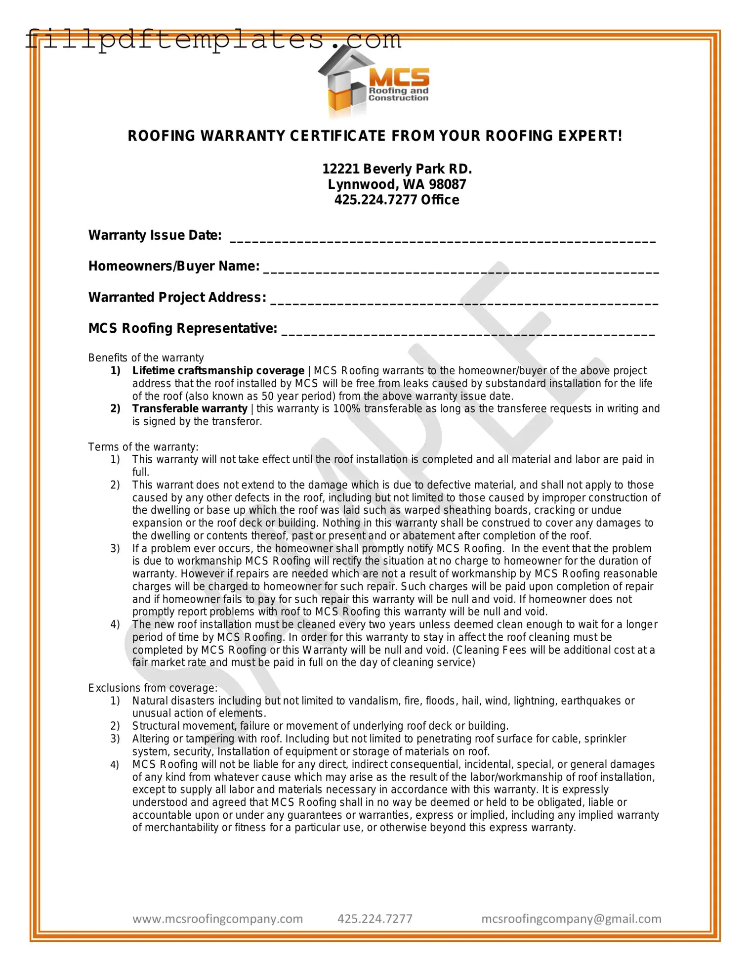 Fill a Valid Roofing Warranty Certificate Template