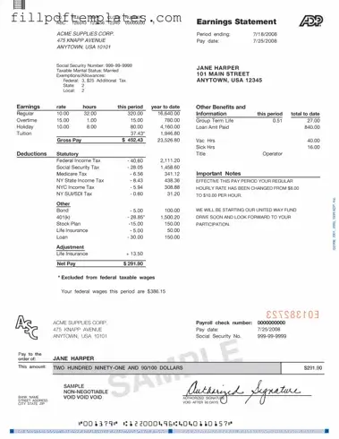 Fill a Valid Adp Pay Stub Template