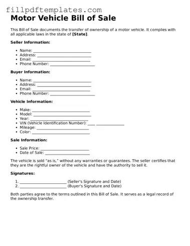 Valid Motor Vehicle Bill of Sale Form