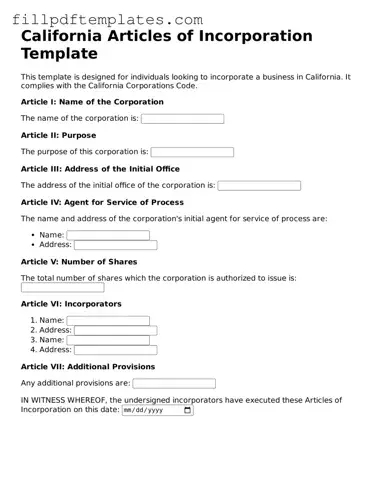 Blank California Articles of Incorporation Form