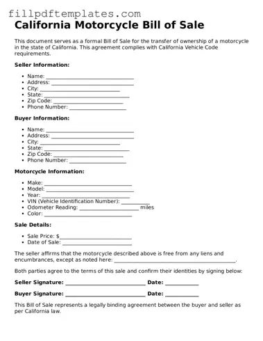 Blank California Motorcycle Bill of Sale Form