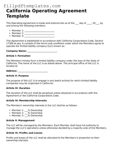 Blank California Operating Agreement Form