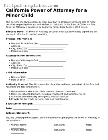 Blank California Power of Attorney for a Child Form