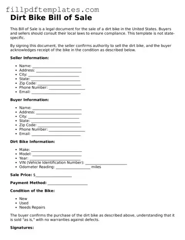 Valid Dirt Bike Bill of Sale Form