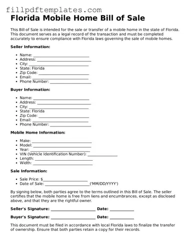 Blank Florida Mobile Home Bill of Sale Form
