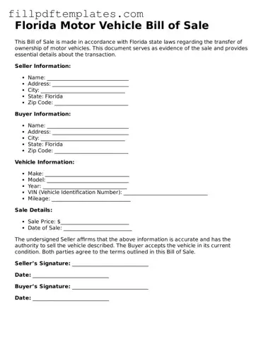 Blank Florida Motor Vehicle Bill of Sale Form