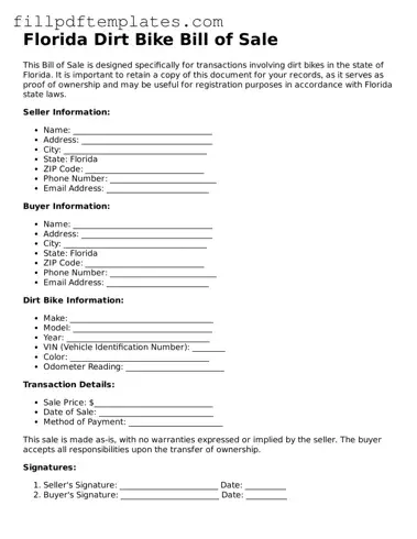 Blank Florida Dirt Bike Bill of Sale Form