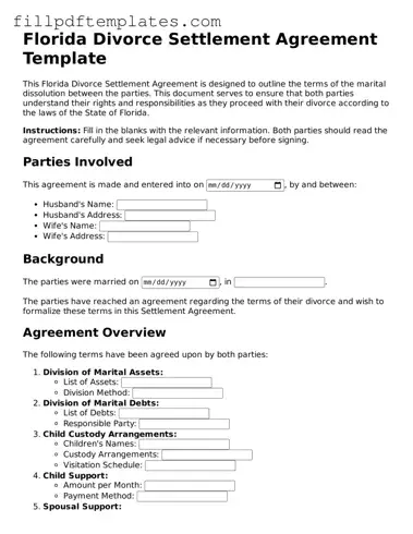 Blank Florida Divorce Settlement Agreement Form