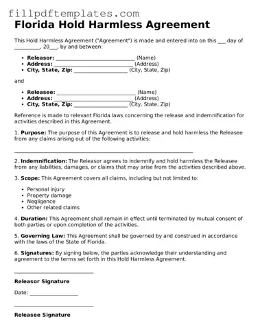 Blank Florida Hold Harmless Agreement Form
