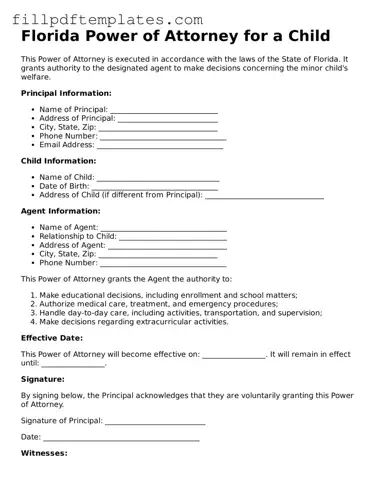 Blank Florida Power of Attorney for a Child Form