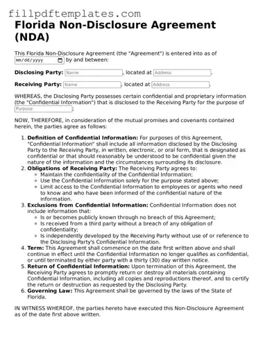Blank Florida Non-disclosure Agreement Form