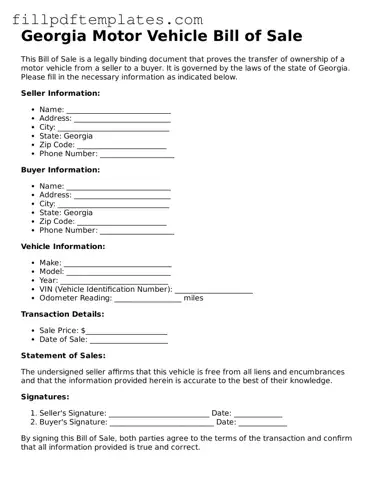 Blank Georgia Motor Vehicle Bill of Sale Form