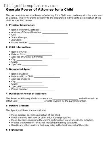 Blank Georgia Power of Attorney for a Child Form