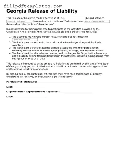 Blank Georgia Release of Liability Form