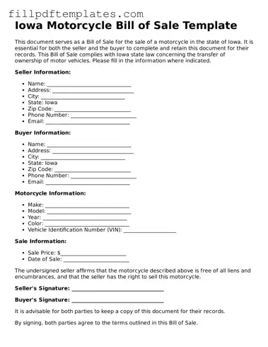 Blank Iowa Motorcycle Bill of Sale Form