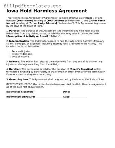 Blank Iowa Hold Harmless Agreement Form