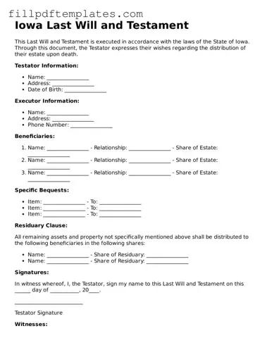 Blank Iowa Last Will and Testament Form