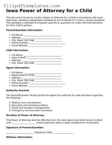 Blank Iowa Power of Attorney for a Child Form