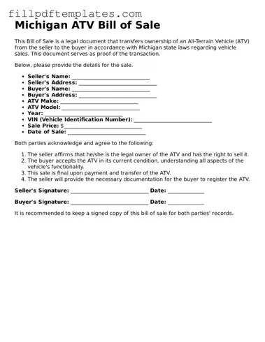 Blank Michigan ATV Bill of Sale Form