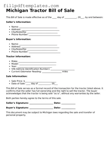 Blank Michigan Tractor Bill of Sale Form