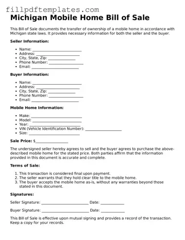 Blank Michigan Mobile Home Bill of Sale Form