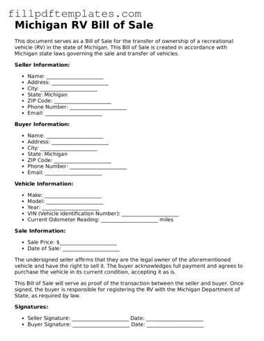 Blank Michigan RV Bill of Sale Form