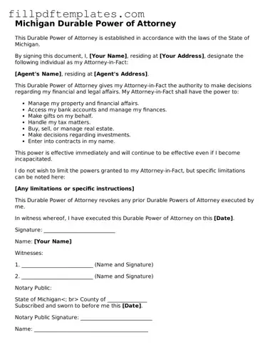 Blank Michigan Durable Power of Attorney Form