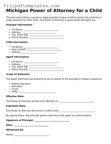 Blank Michigan Power of Attorney for a Child Form
