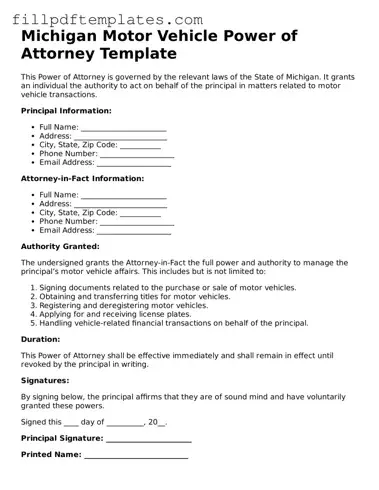 Blank Michigan Motor Vehicle Power of Attorney Form