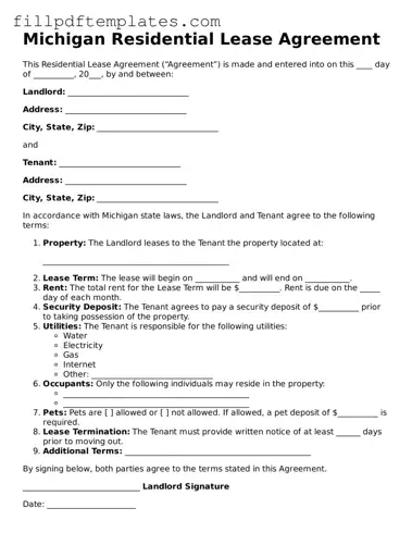 Blank Michigan Residential Lease Agreement Form