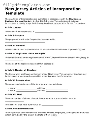 Blank New Jersey Articles of Incorporation Form