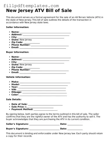 Blank New Jersey ATV Bill of Sale Form